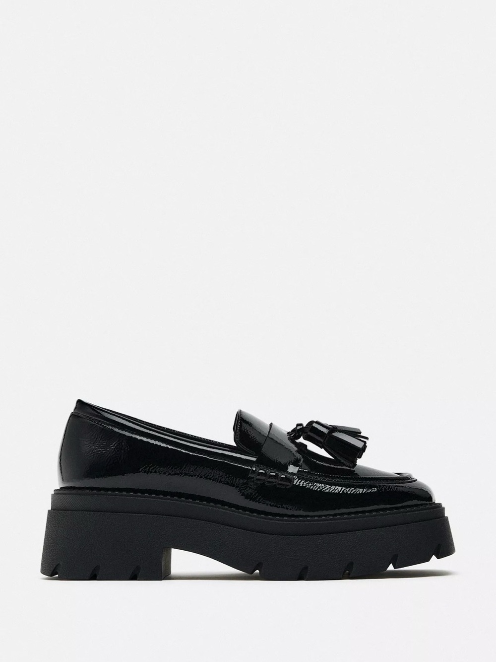 Zara Black Patent Tassel Platform Loafers